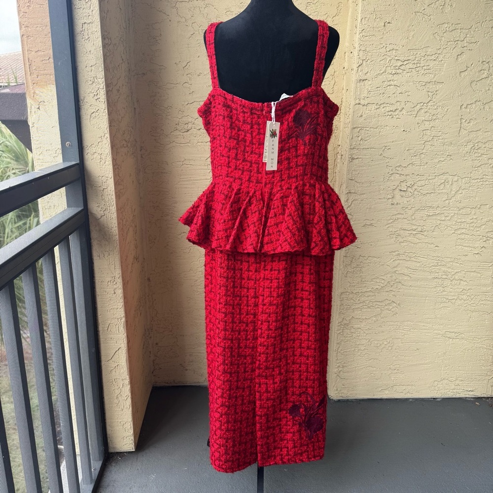 Fanm Mon Gulia Peplum Red Tweed Midi Dress XL - Picture 3 of 13